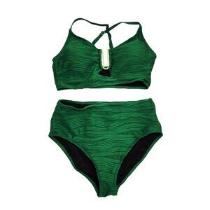 Two-Piece Green Textured High-Waisted Bikini Set Gold Accent  Size M Womens